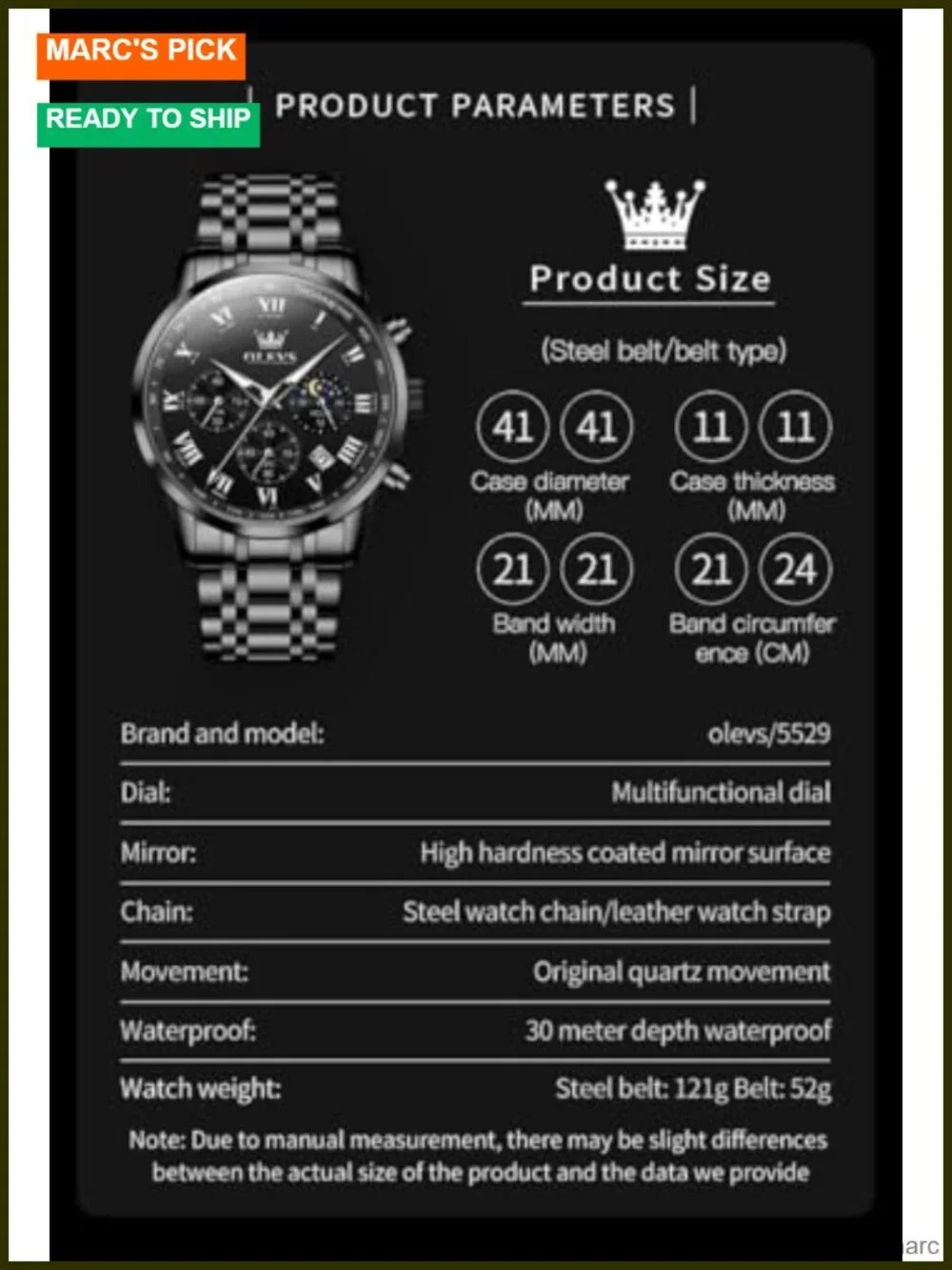 Men's Big Face Stainless Steel Quartz Chronograph Moon Phase Date Luminous